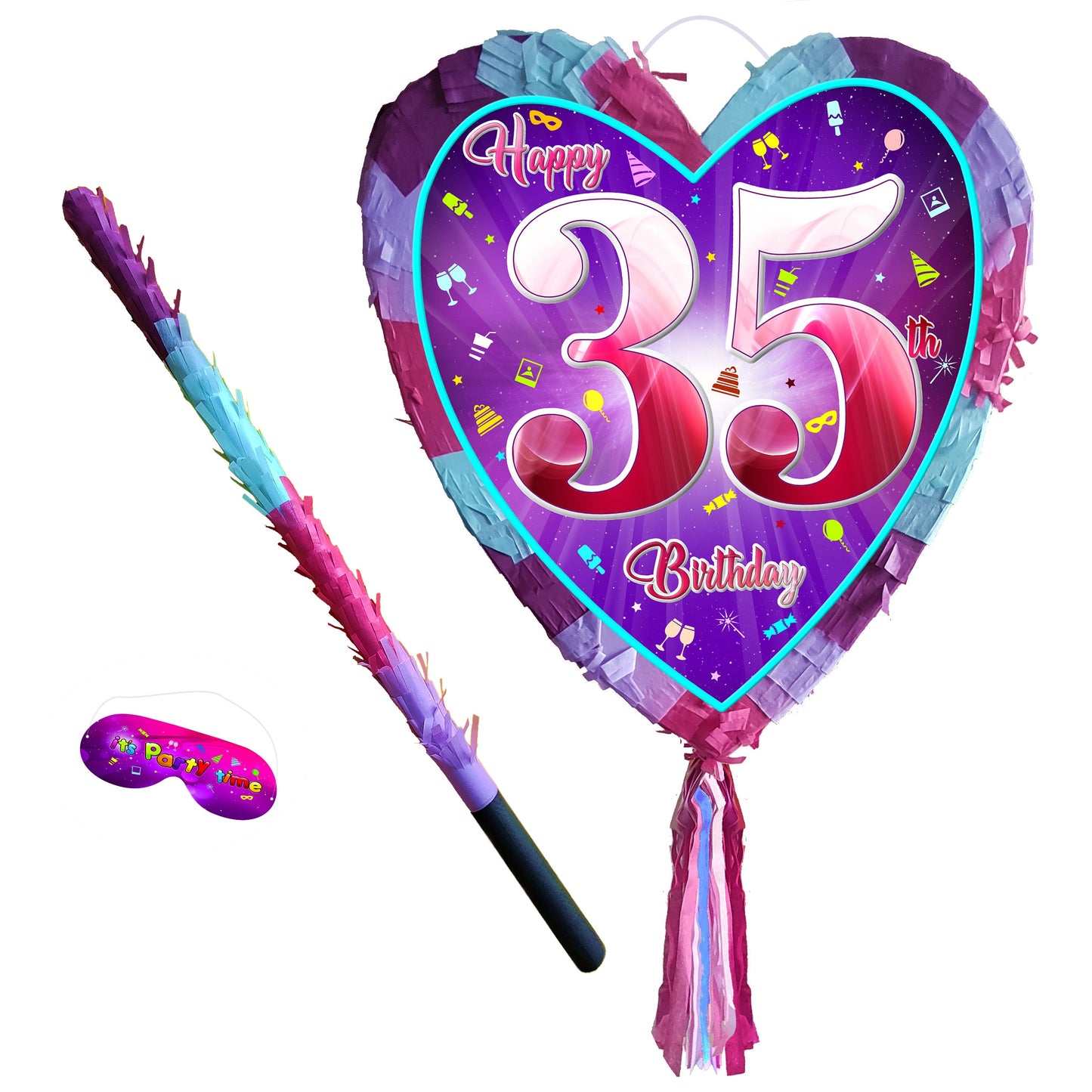 35th Birthday Heart Pinata with Stick & Blindfold