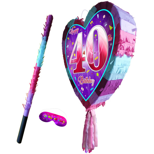 40th Birthday Heart Piñata with Stick & Blindfold