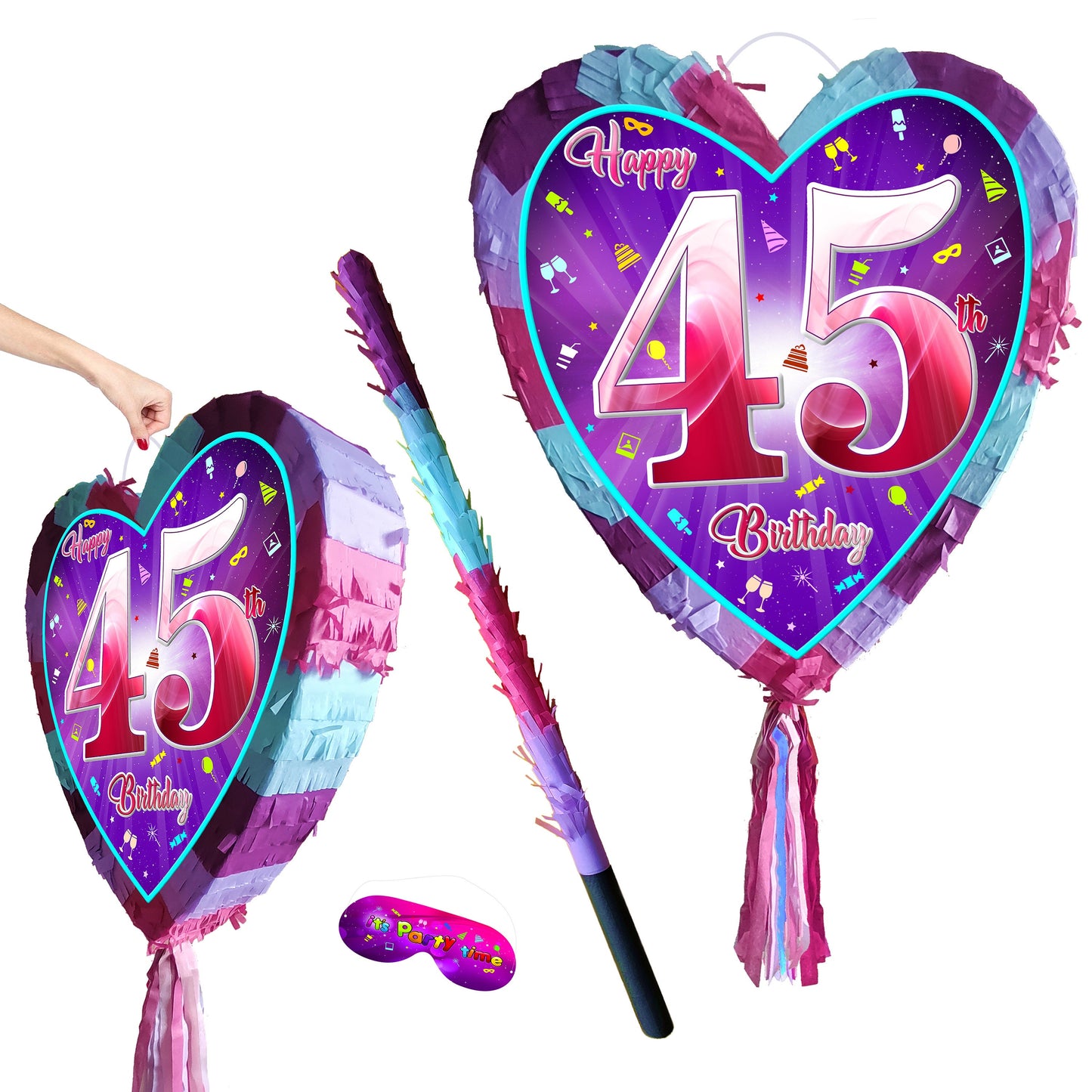 45th Birthday Heart Pinata with Stick & Blindfold - Pink Purple Party Game
