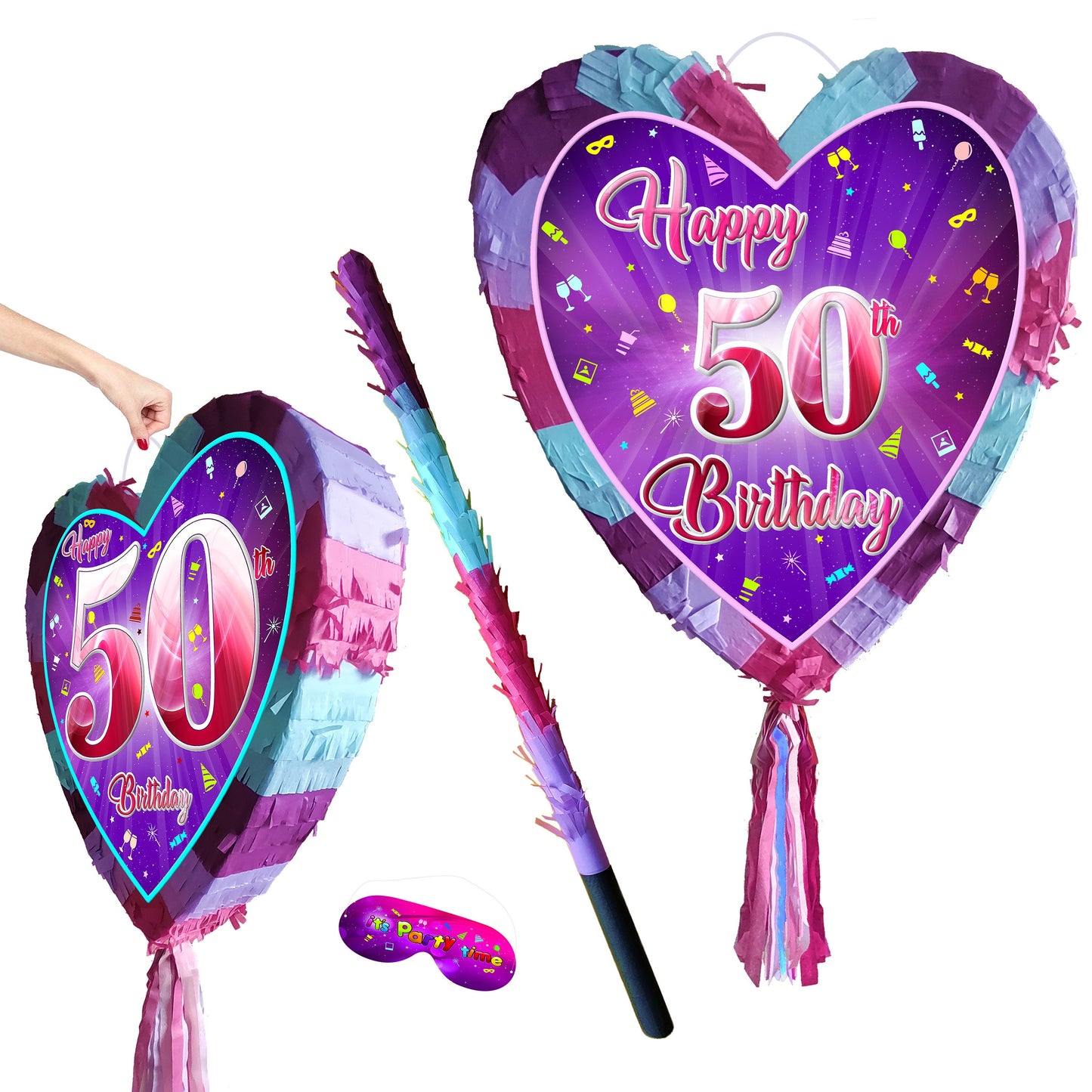 50th Birthday Heart Pinata with Stick & Blindfold