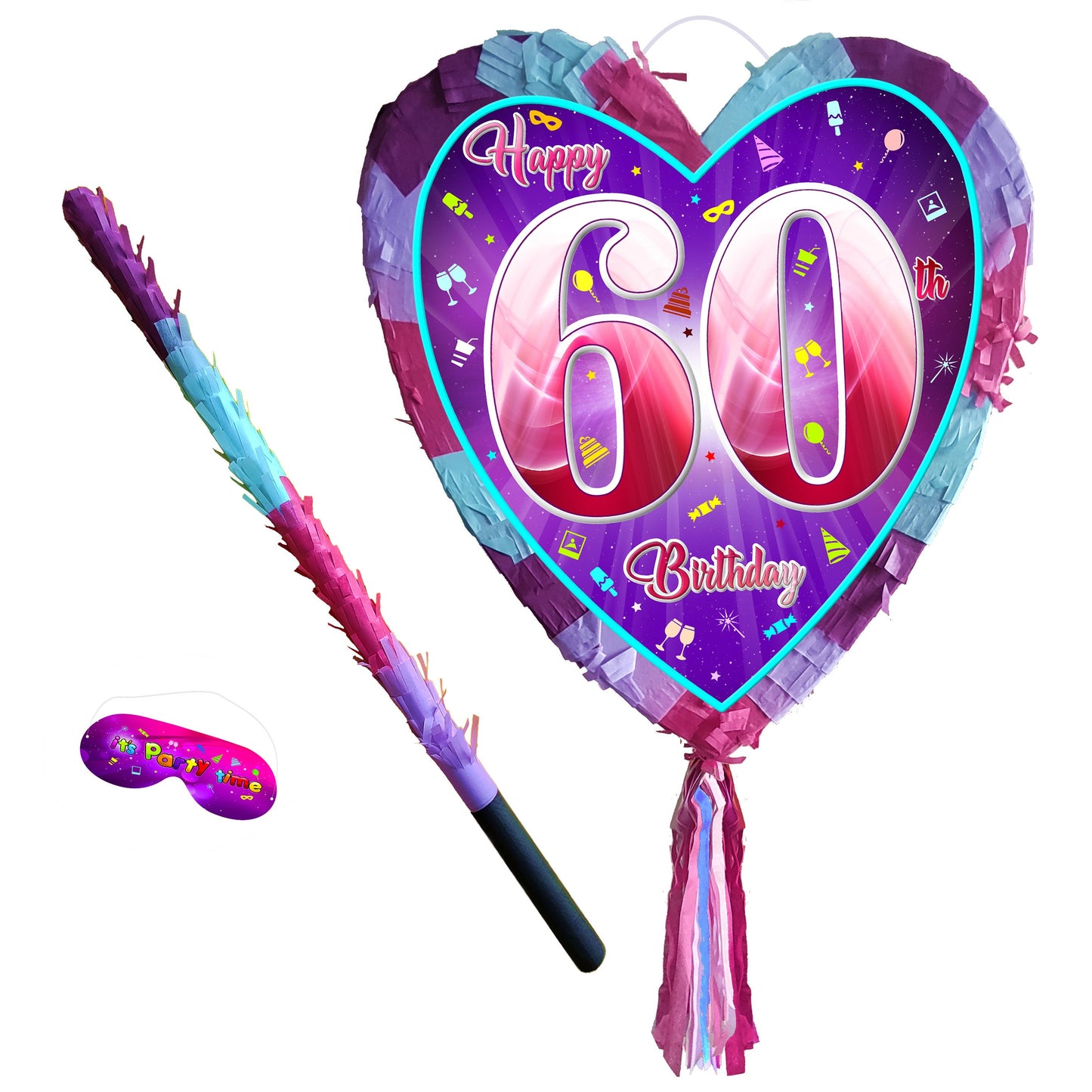 60th Birthday Heart Pinata with Stick & Blindfold, Party Game