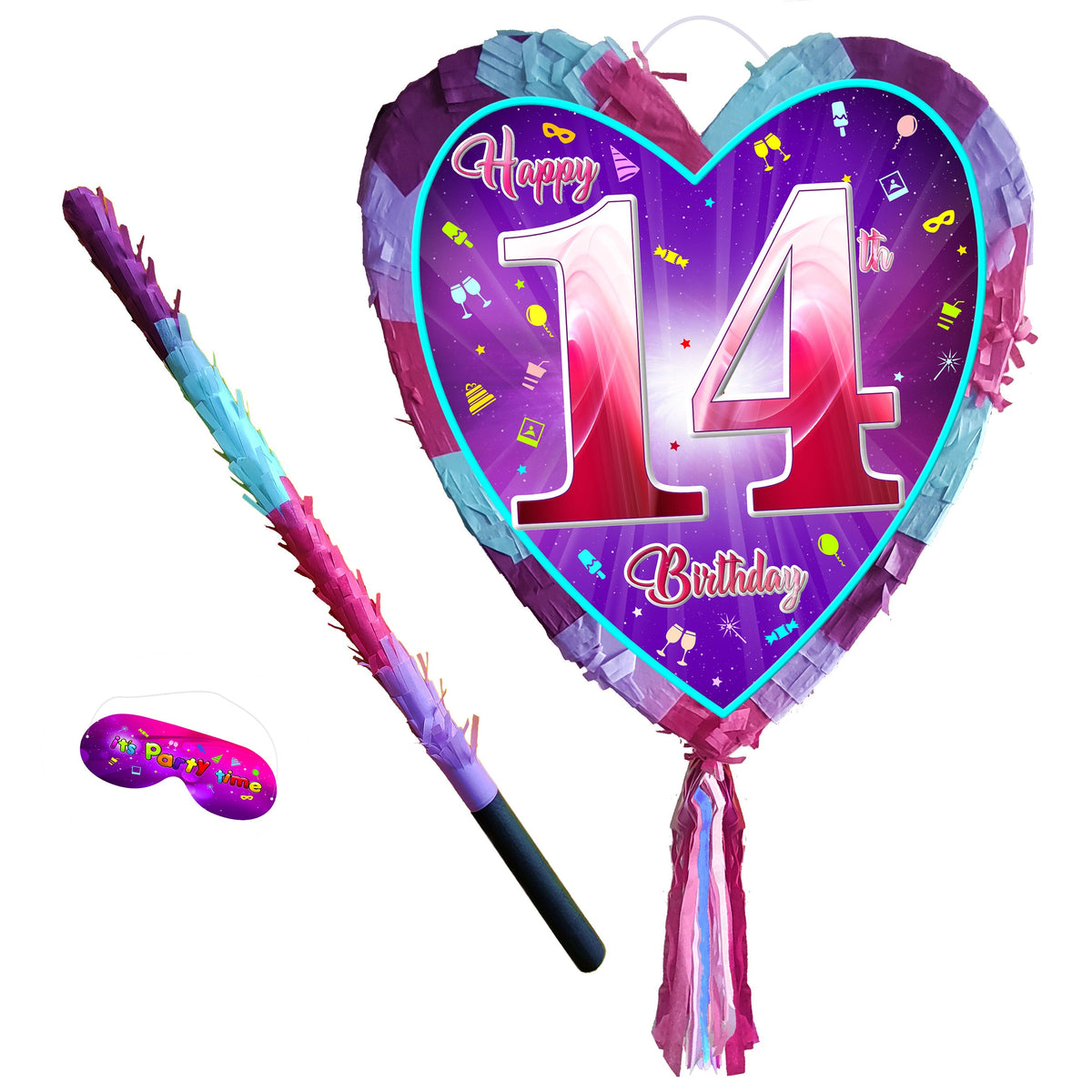 14th Birthday Heart Pinata with Stick & Blindfold, Girls Party Game