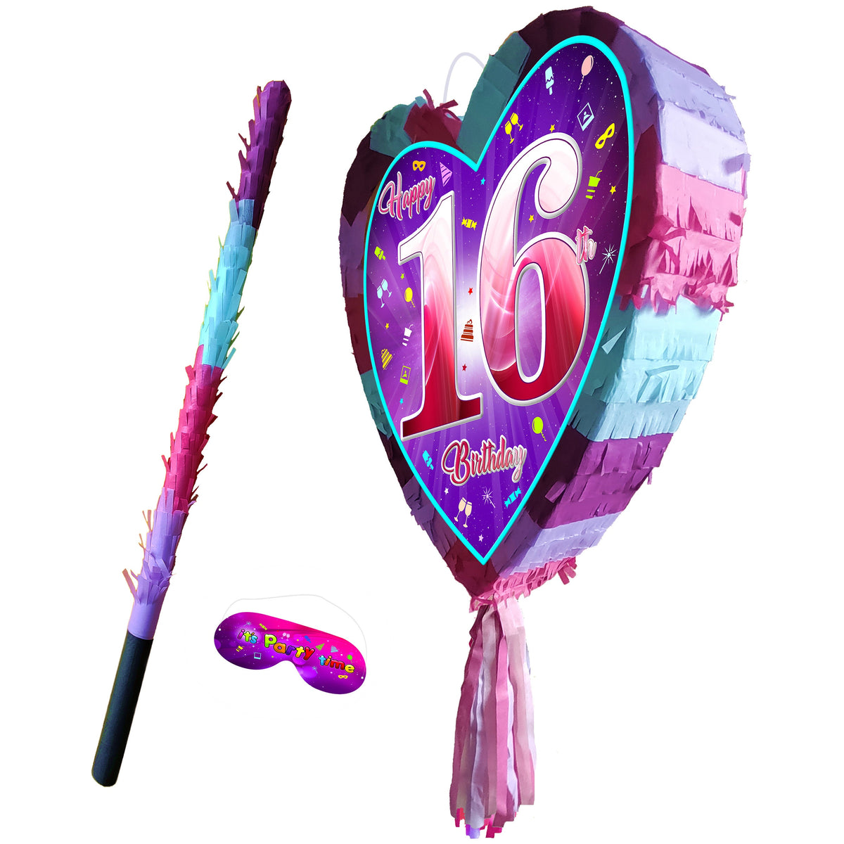 16th Birthday Heart Piñata with Stick & Blindfold