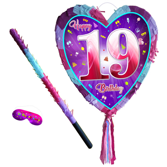 19th Birthday Heart Pinata with Stick & Blindfold