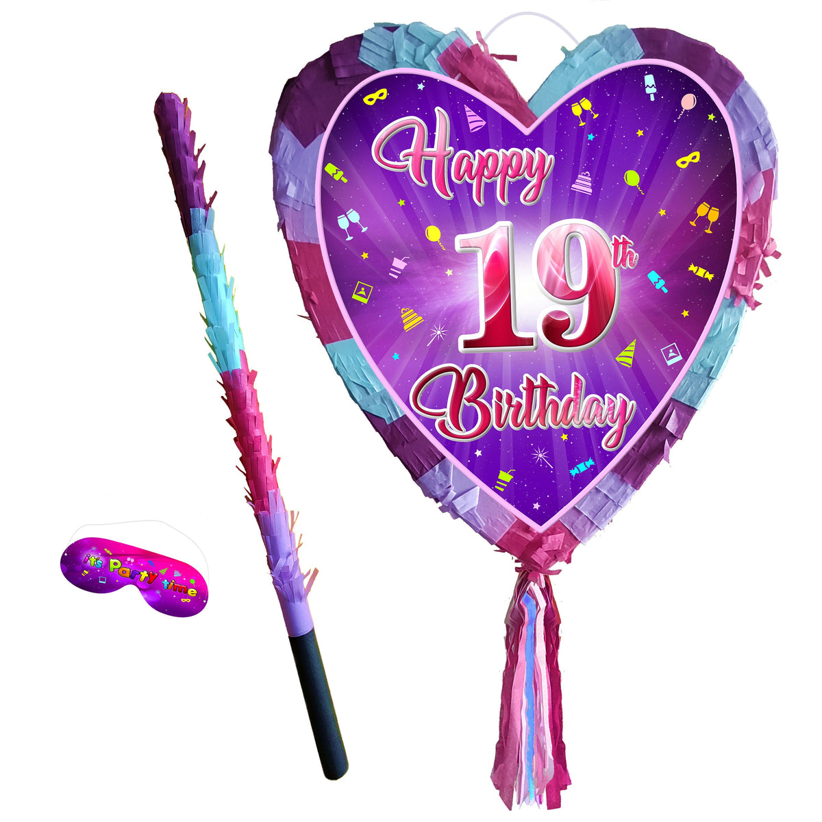 19th Birthday Heart Pinata with Stick & Blindfold