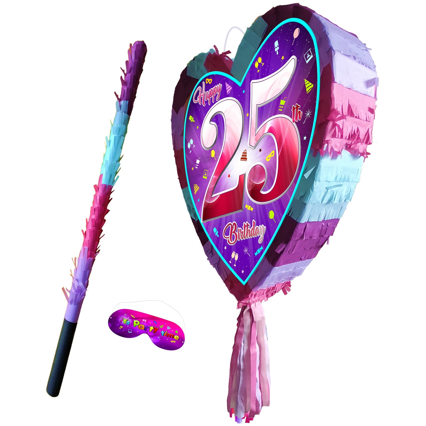 25th Birthday Heart Piñata with Stick & Blindfold
