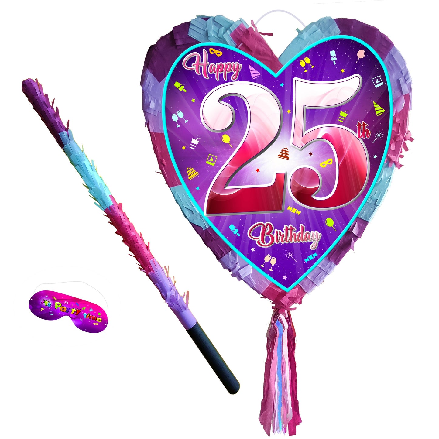 25th Birthday Heart Piñata with Stick & Blindfold
