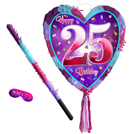 25th Birthday Heart Piñata with Stick & Blindfold