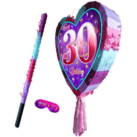 30th Birthday Heart Pinata with Stick & Blindfold