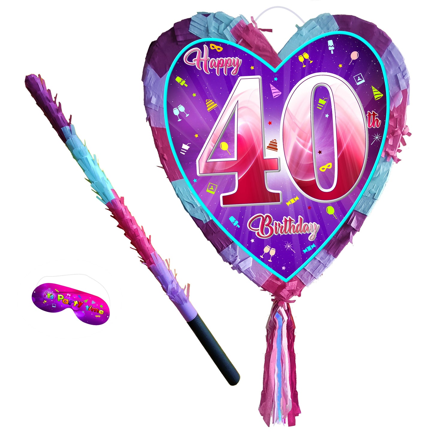 40th Birthday Heart Piñata with Stick & Blindfold