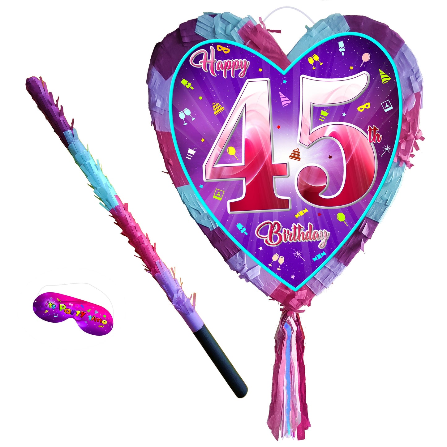 45th Birthday Heart Pinata with Stick & Blindfold - Pink Purple Party Game