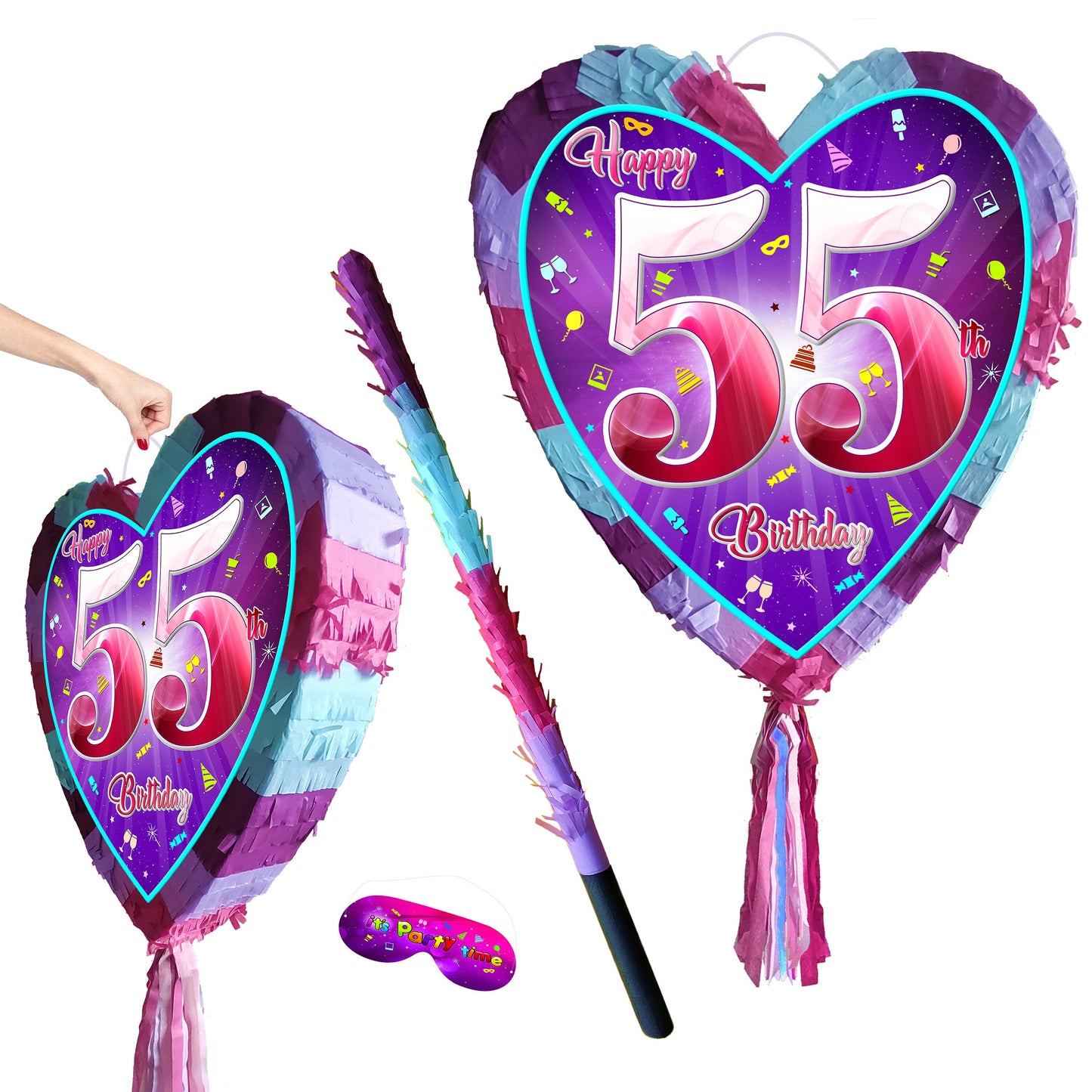 55th Birthday Heart Pinata with Stick & Blindfold