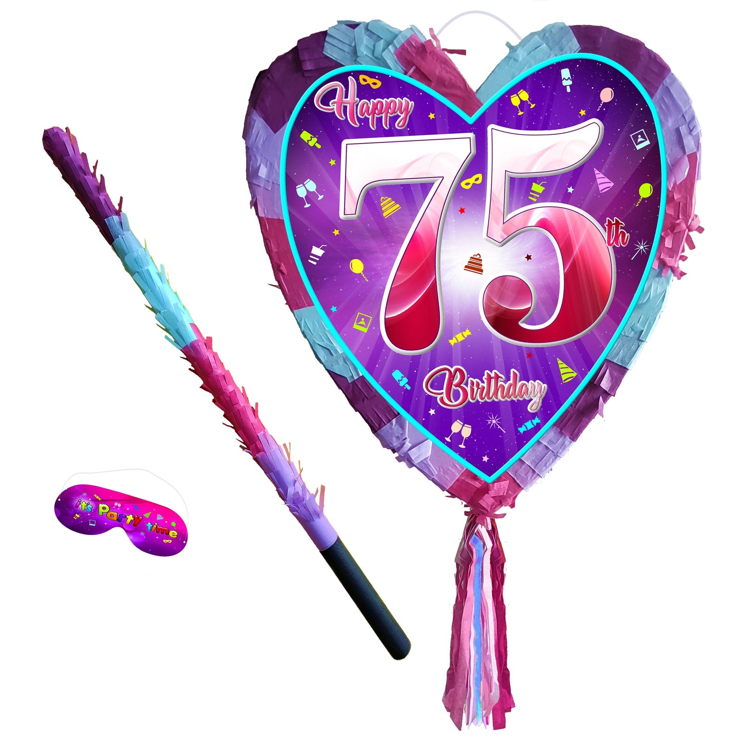 75th Birthday Heart Pinata with Stick & Blindfold