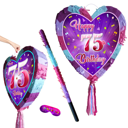 75th Birthday Heart Pinata with Stick & Blindfold