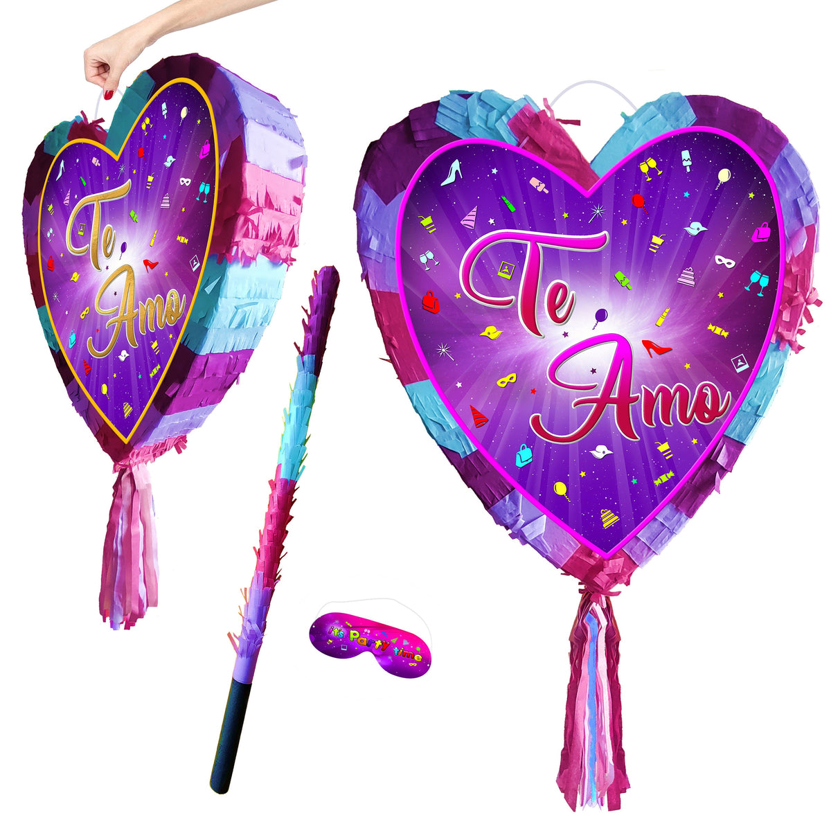 Te Amo Heart Pinata with Stick and Blindfold, Love Theme