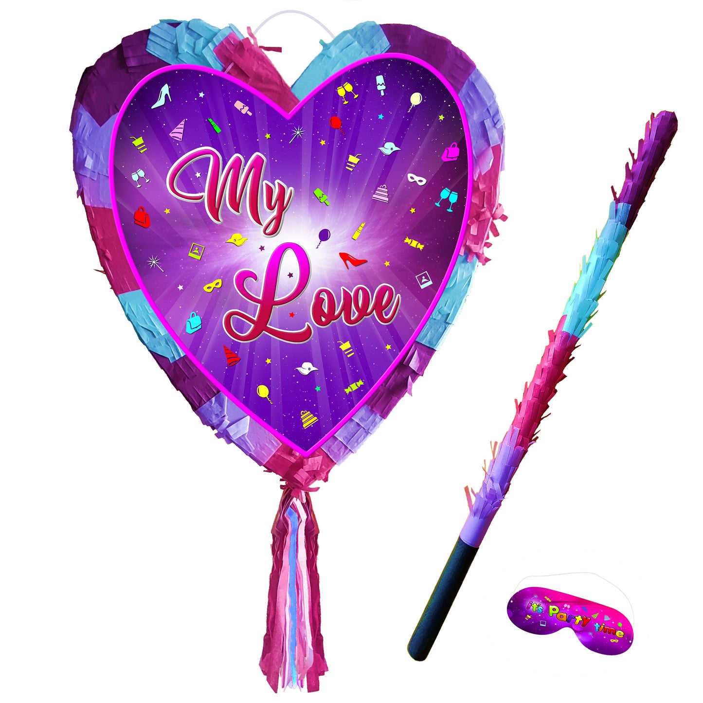 Heart Pinata with Stick & Blindfold, Love Theme Party Game
