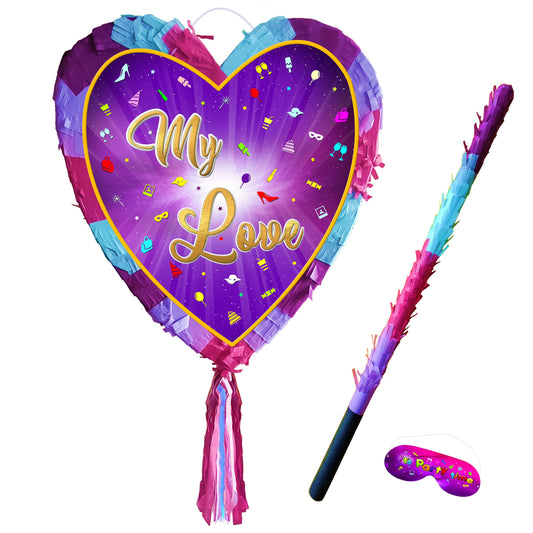 Heart Pinata with Stick & Blindfold, Love Theme Party Game