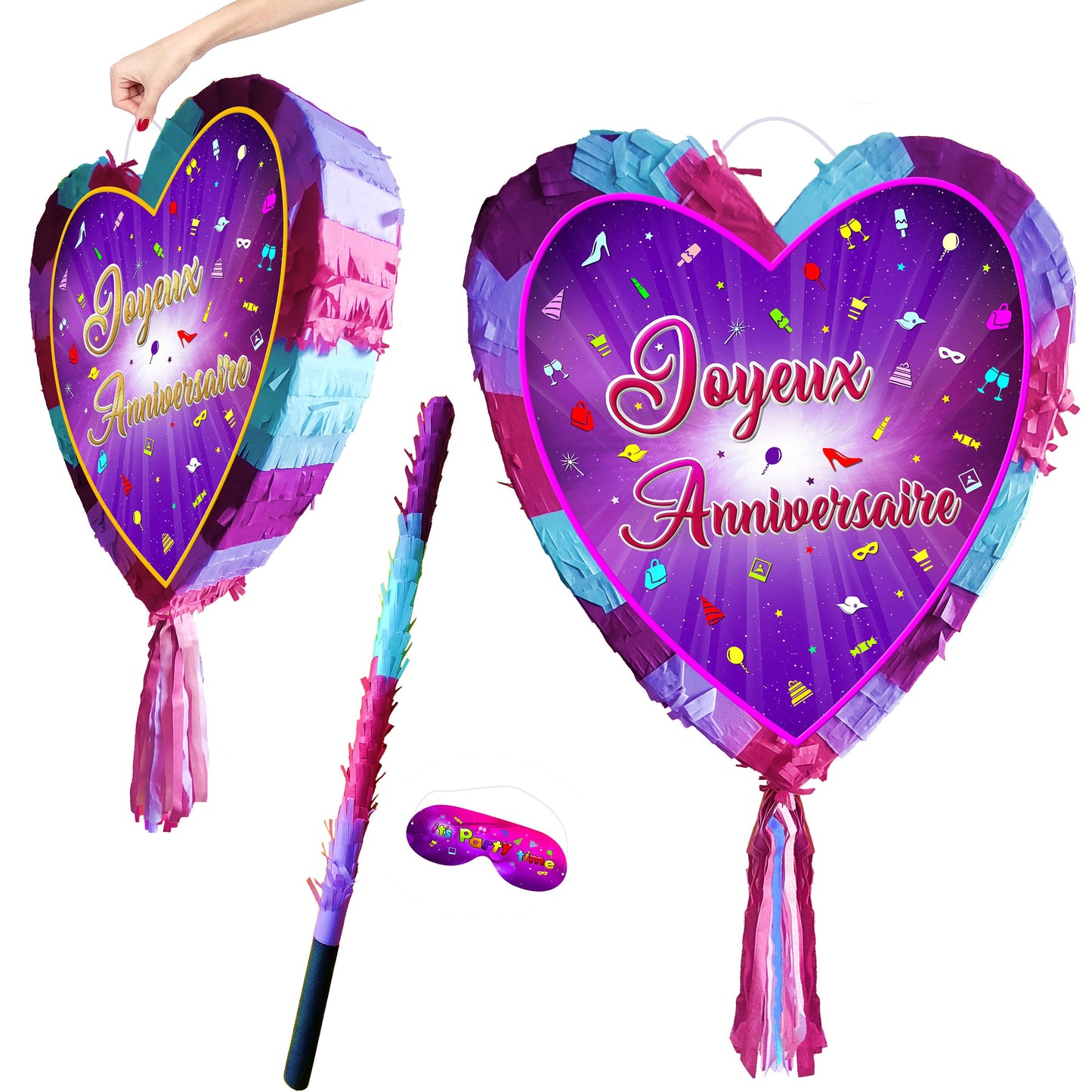 Heart Pinata with Stick & Blindfold - Joyeux Anniversaire Party Game
