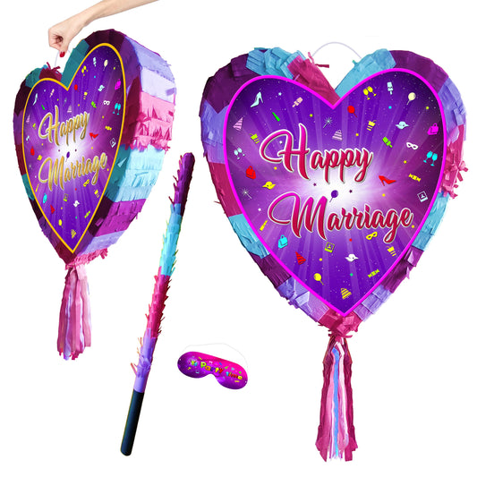 Happy Marriage Heart Pinata with Stick & Blindfold, Wedding Engagement Game