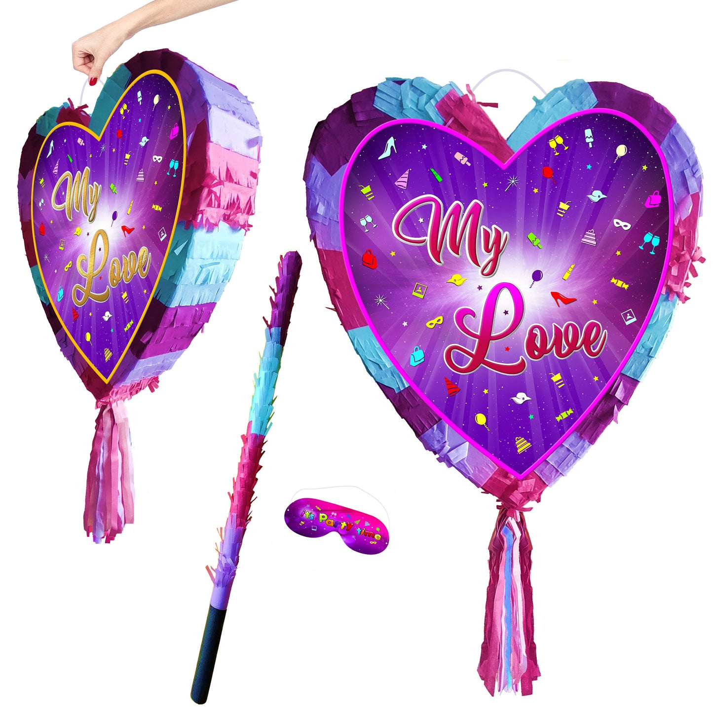 Heart Pinata with Stick & Blindfold, Love Theme Party Game