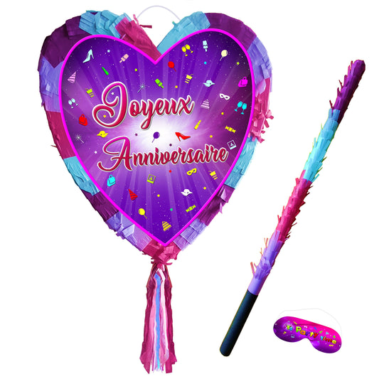 Heart Pinata with Stick & Blindfold - Joyeux Anniversaire Party Game