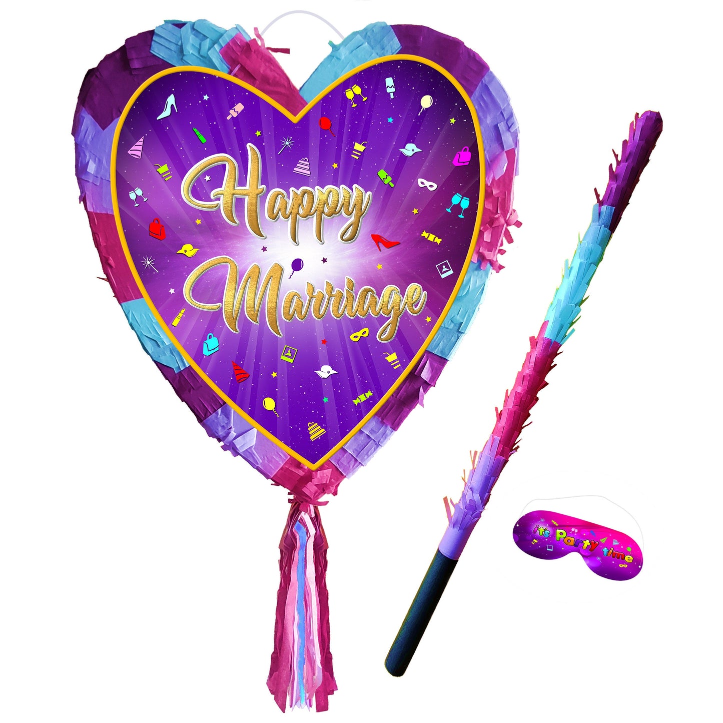 Happy Marriage Heart Pinata with Stick & Blindfold, Wedding Engagement Game