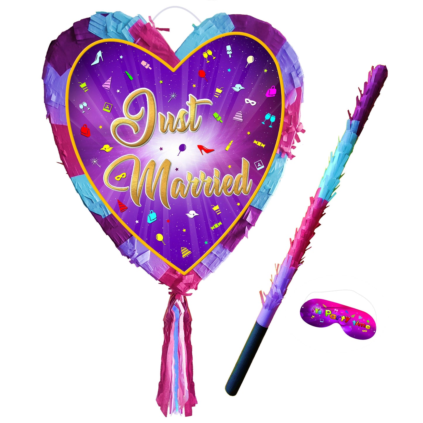Just Married Heart Pinata with Stick & Blindfold – Wedding Game