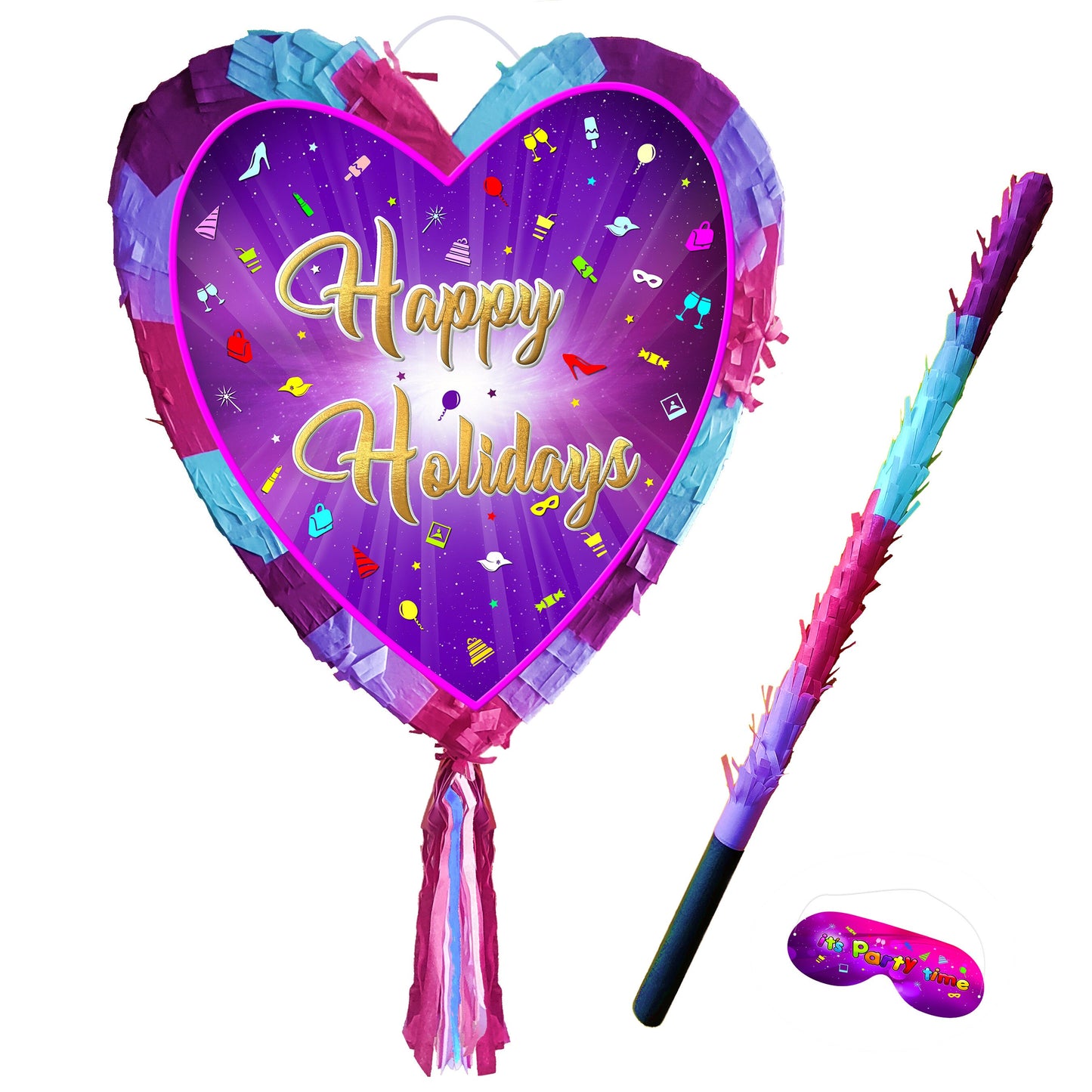 Heart Pinata with Stick and Blindfold, Happy Holidays Party Game
