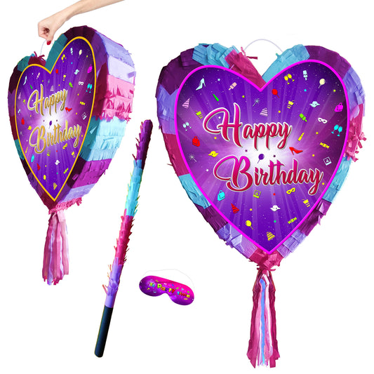 Heart Birthday Pinata with Stick & Blindfold, Girls Party Game