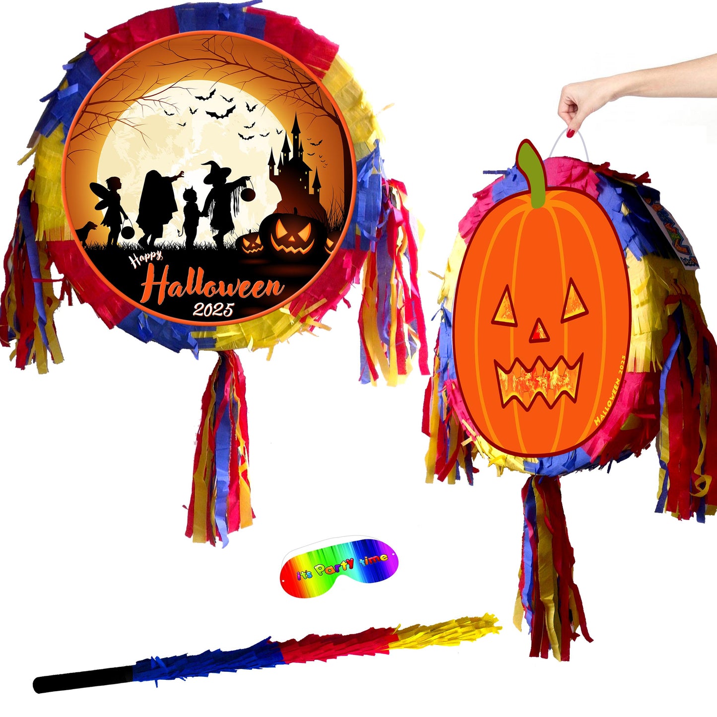 Halloween Pumpkin Piñata Set, Stick & Blindfold, Kids Party Game