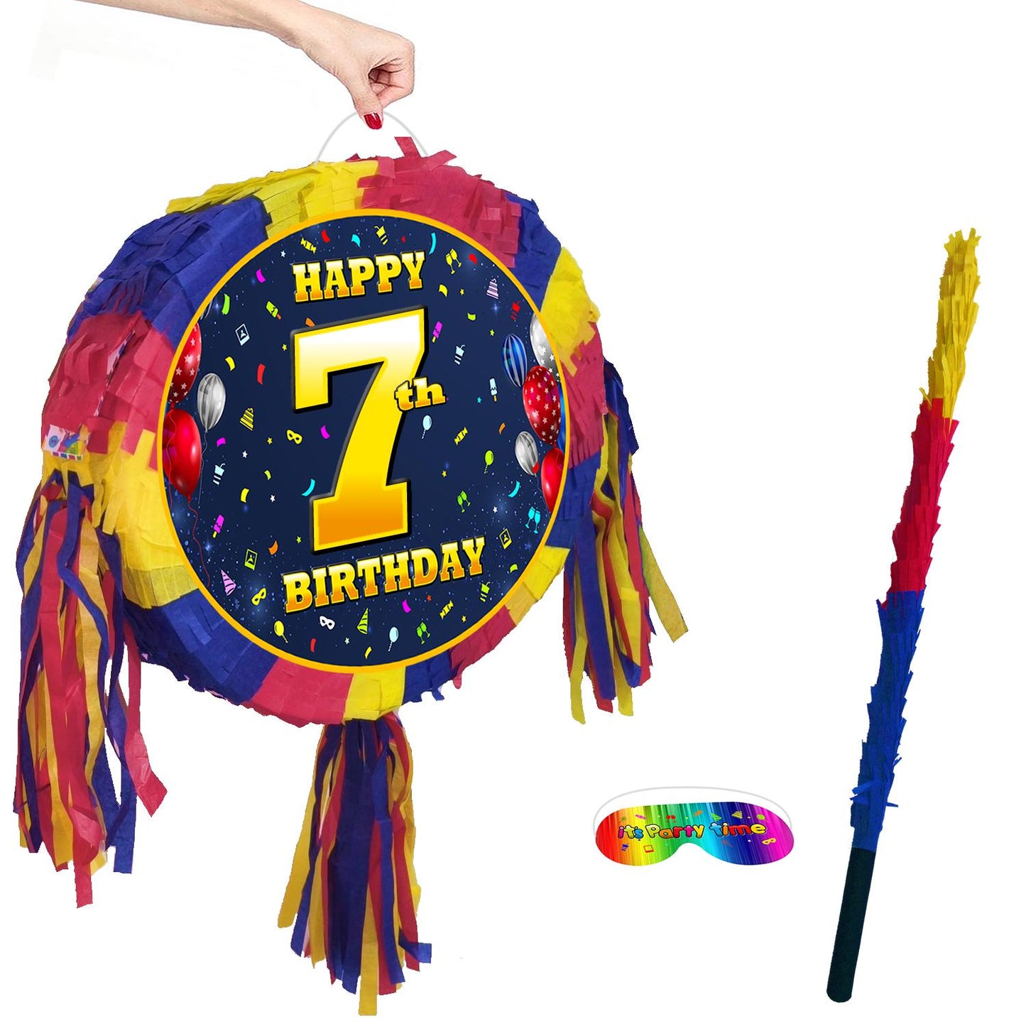 7th Birthday Pinata with Stick & Blindfold