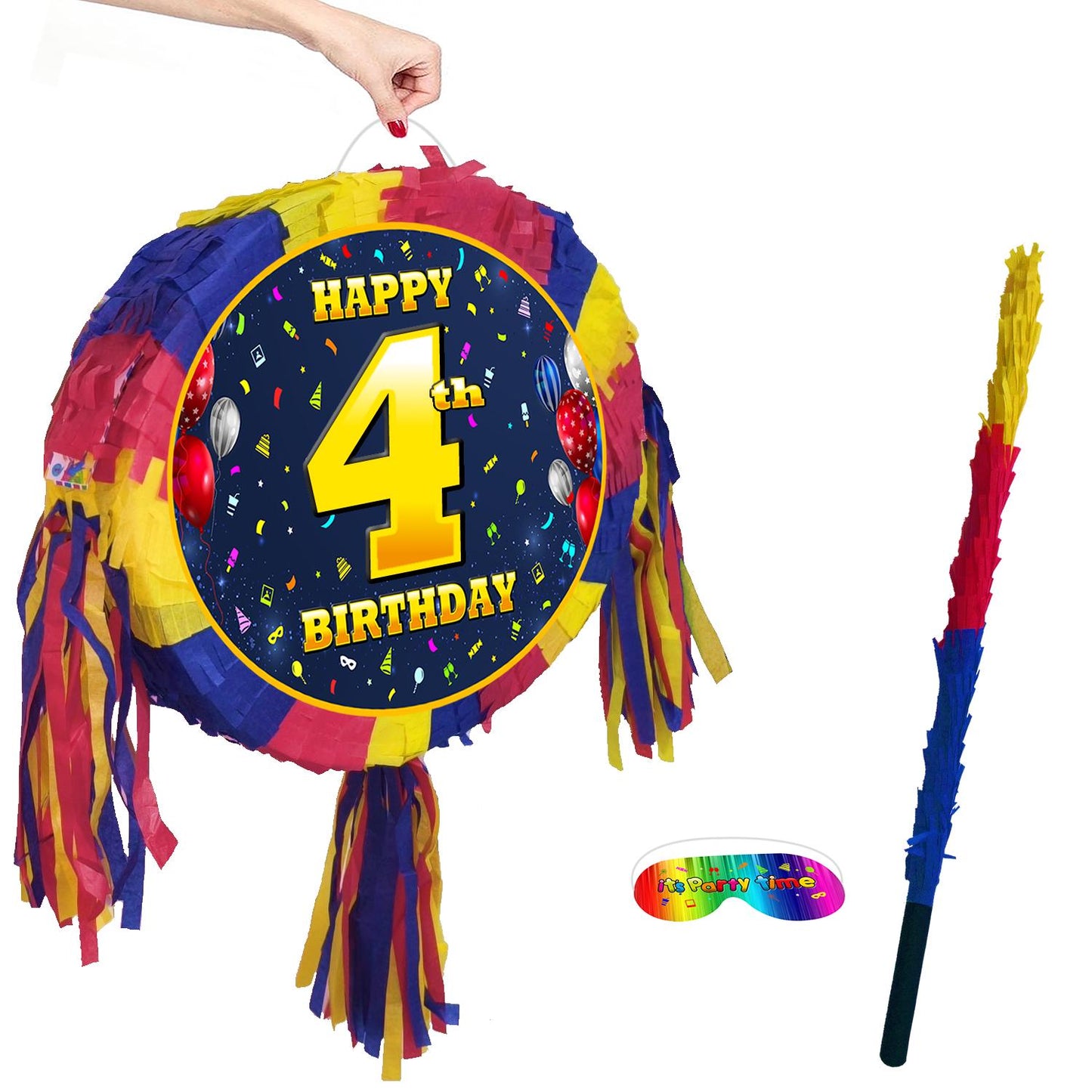 4th Birthday Pinata with Stick & Blindfold, Unisex Party Game