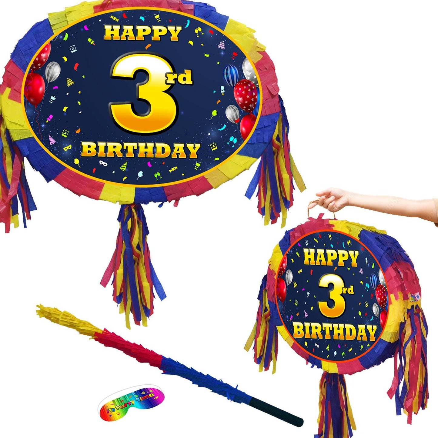 3rd Birthday Pinata with Stick & Blindfold, Unisex Party Game