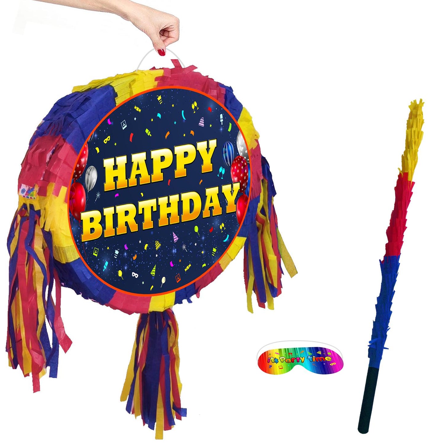 Happy Birthday Pinata with Stick & Blindfold