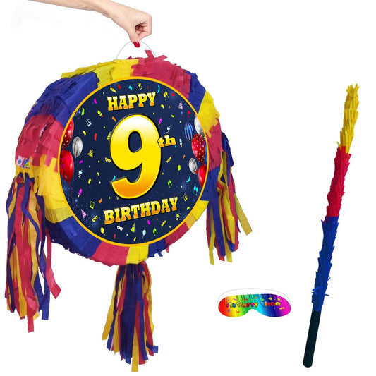 9th Birthday Pinata with Stick & Blindfold, Unisex Party Game