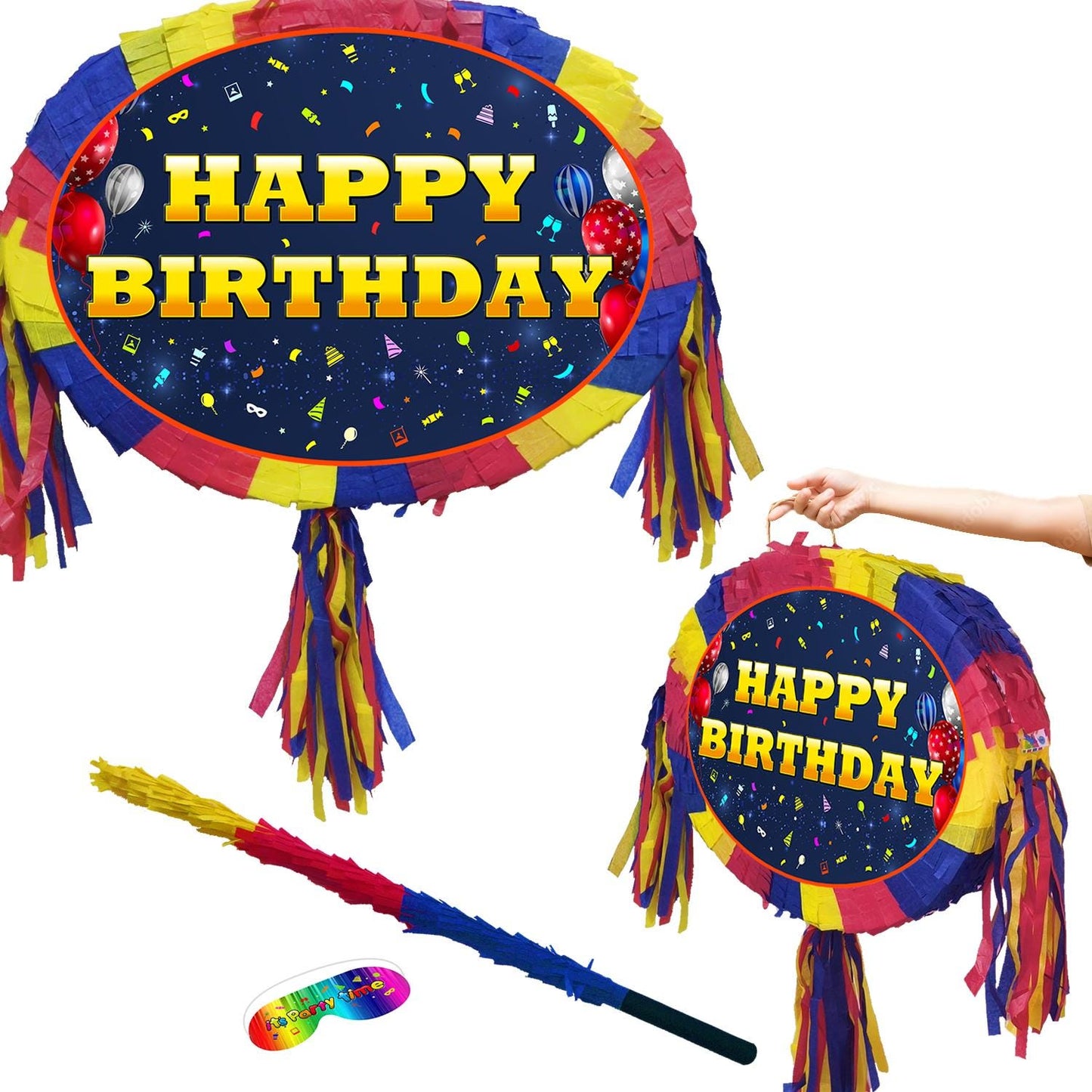 Happy Birthday Pinata with Stick & Blindfold