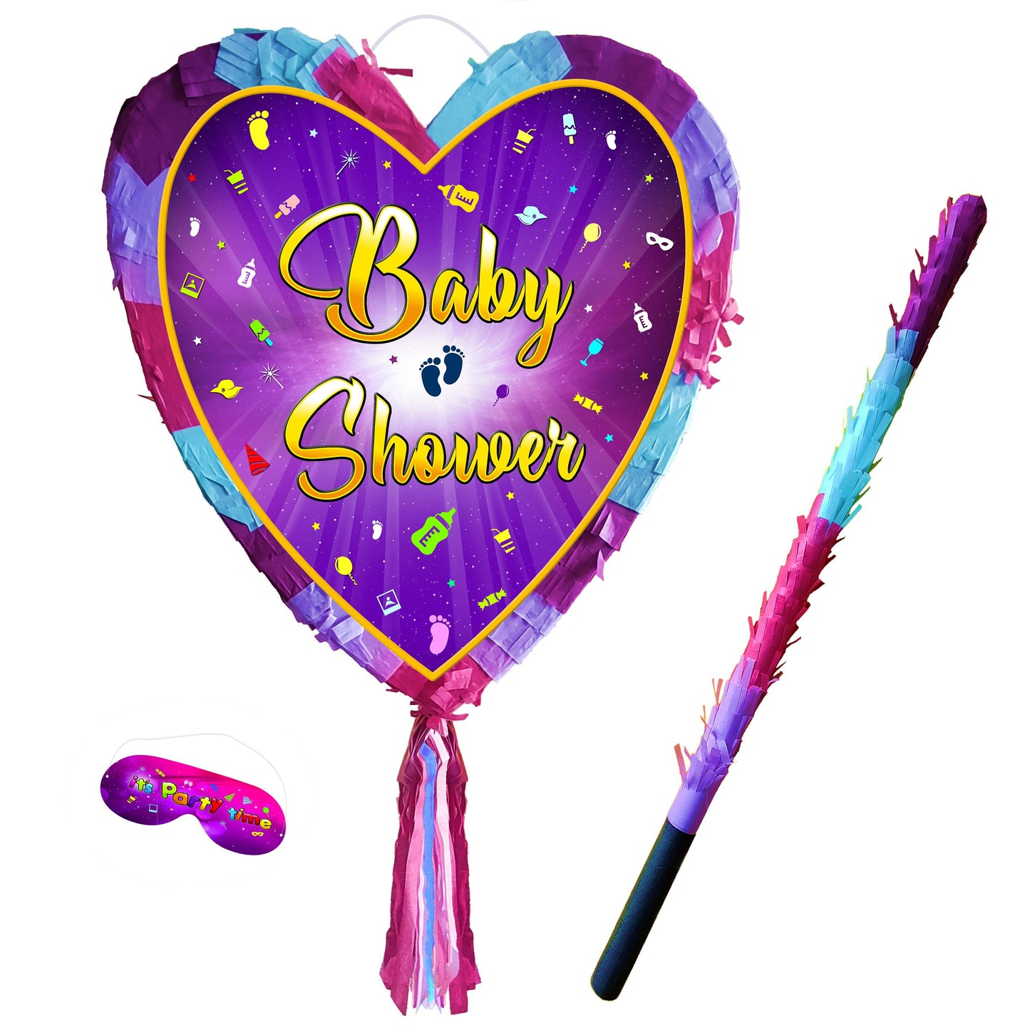 Heart Baby Shower Pinata with Stick & Blindfold