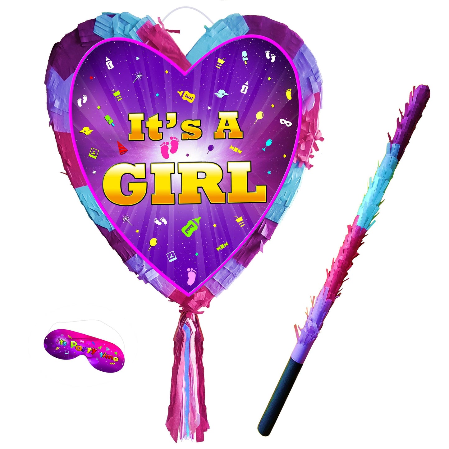 It's A Girl Heart Pinata with Stick & Blindfold, Baby Shower Game