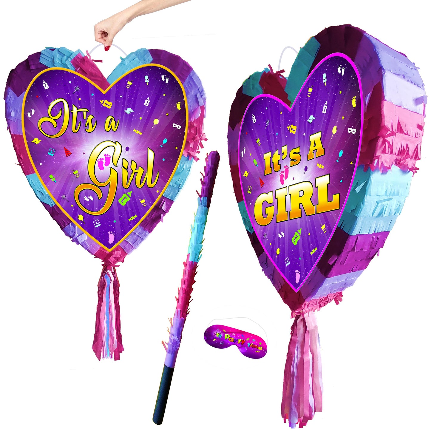 It's A Girl Heart Pinata with Stick & Blindfold, Baby Shower Game