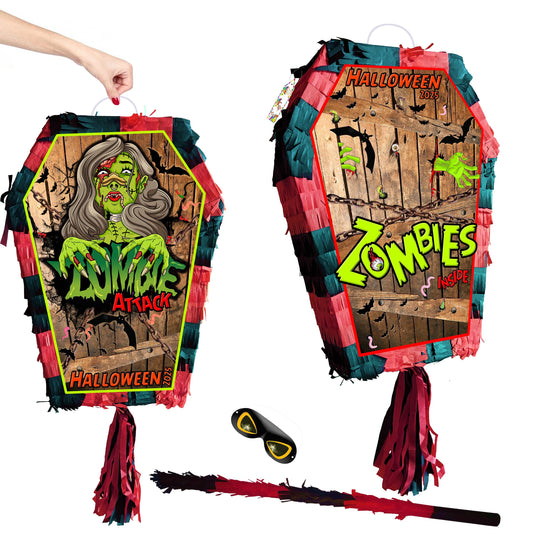 Zombie Coffin Pinata with Stick & Blindfold, Halloween Party Game