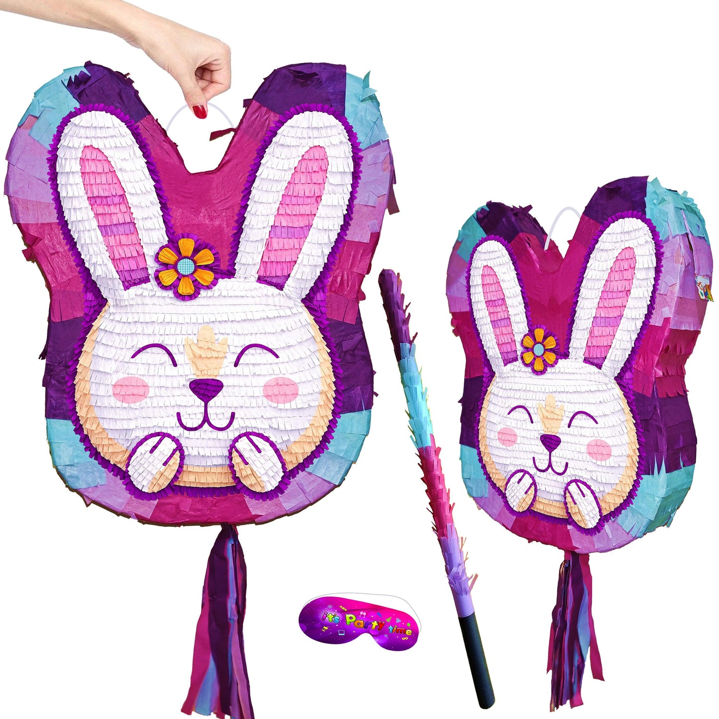 Pink Bunny Pinata with Stick & Blindfold, Easter Party Game