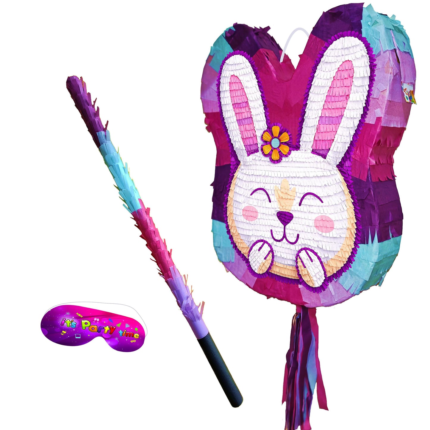 Pink Bunny Pinata with Stick & Blindfold, Easter Party Game