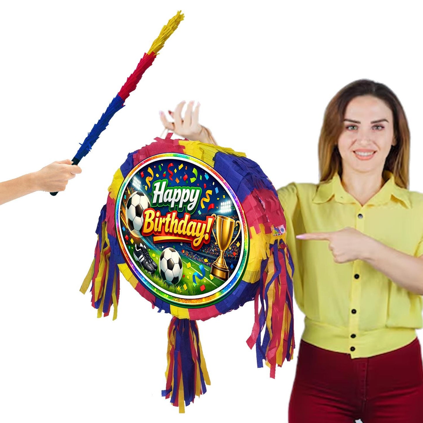 Football theme Pinata, Happy Birthday Soccer Party Game with Stick and Blindfold