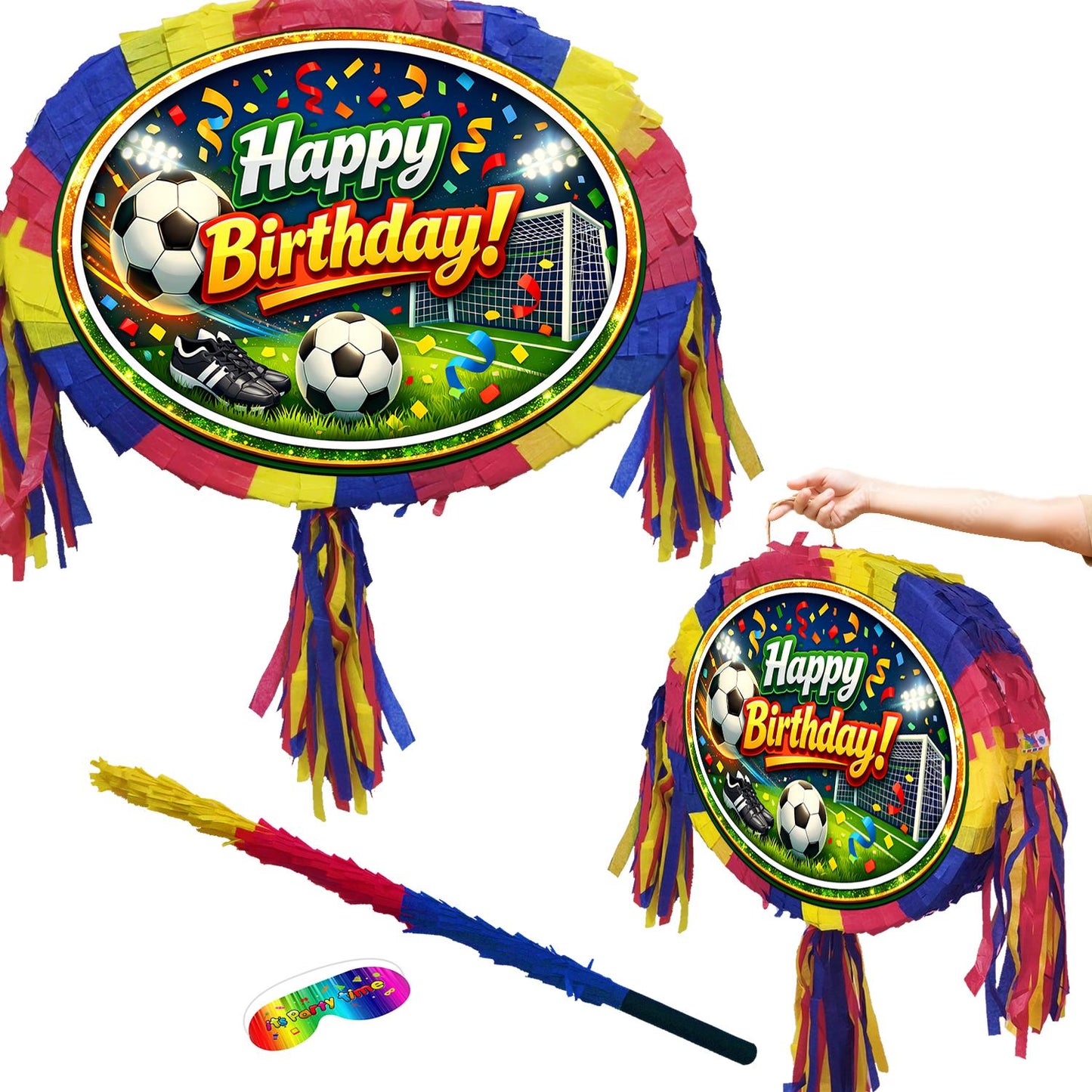 Football theme Pinata, Happy Birthday Soccer Party Game with Stick and Blindfold