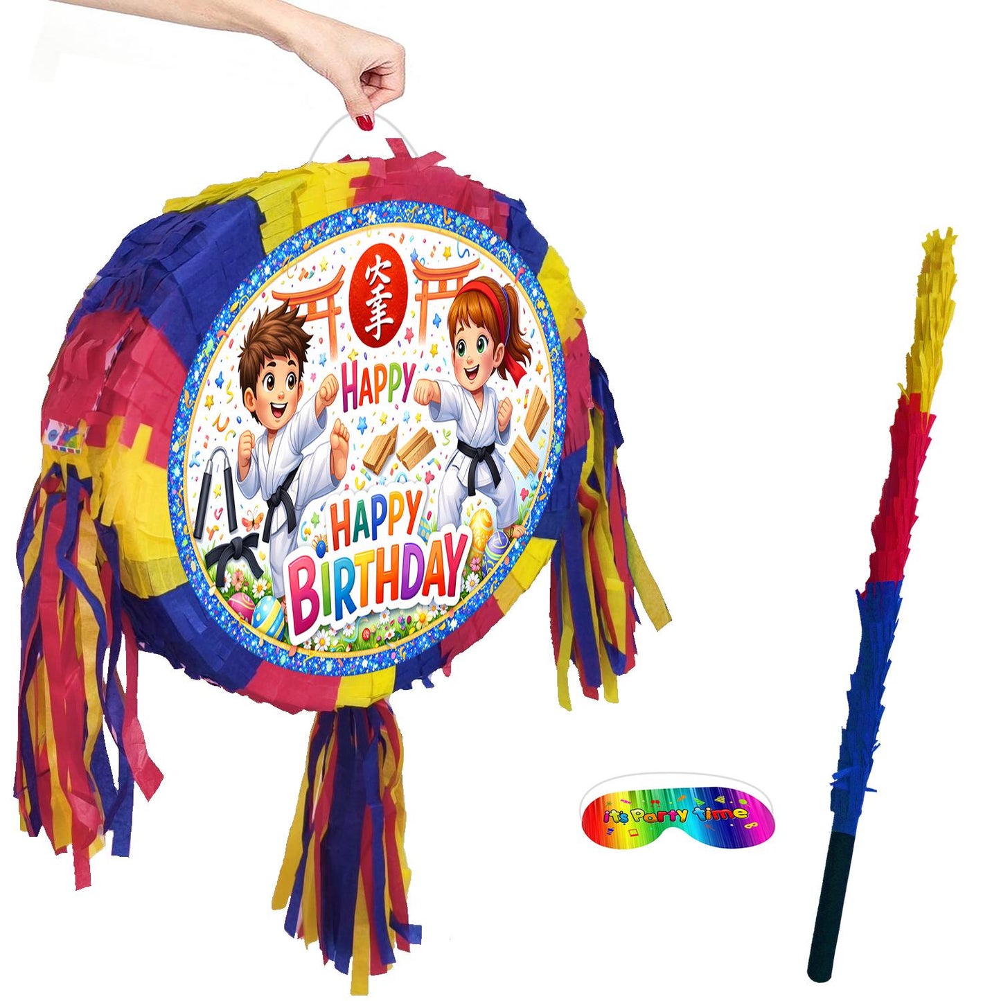 Karate theme Pinata, Happy Birthday Party Game with Stick and Blindfold