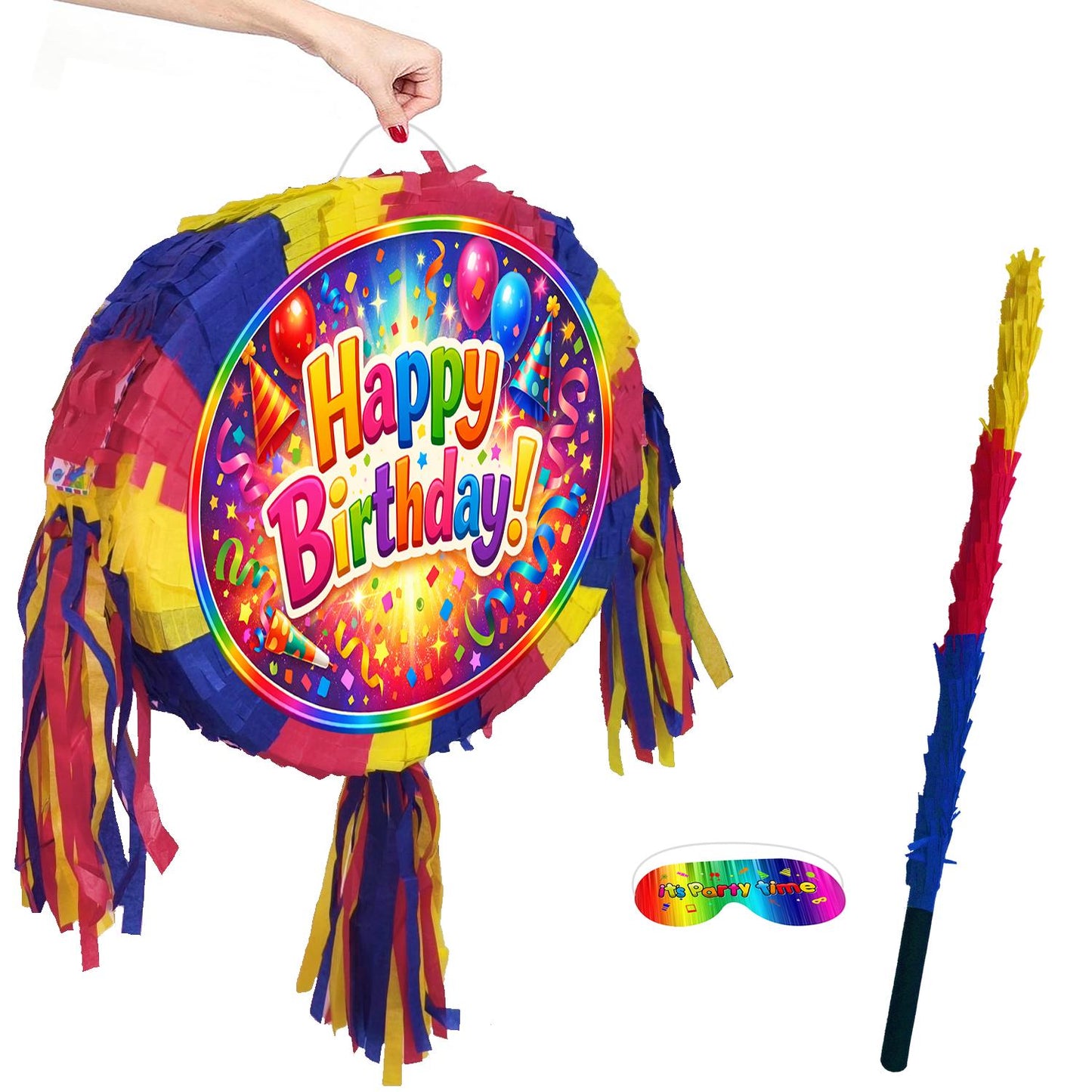 Happy Birthday colourful Pinata with Stick and Blindfold
