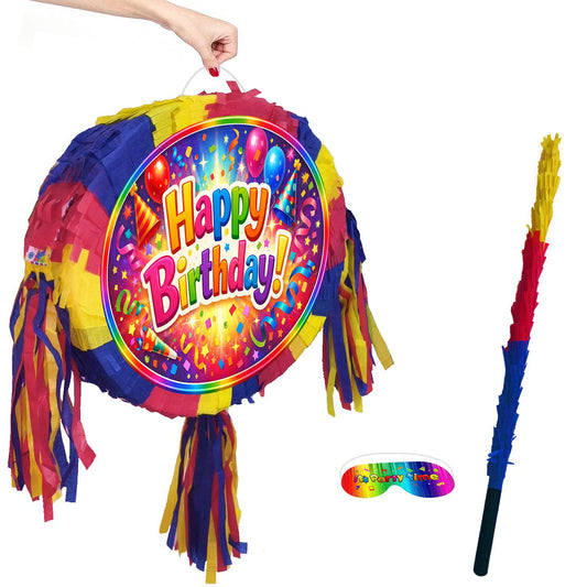Happy Birthday colourful Pinata with Stick and Blindfold