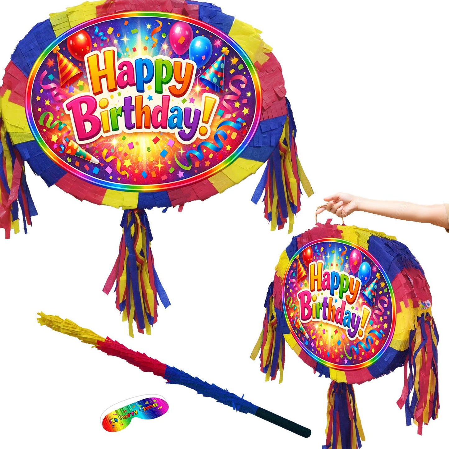 Happy Birthday colourful Pinata with Stick and Blindfold