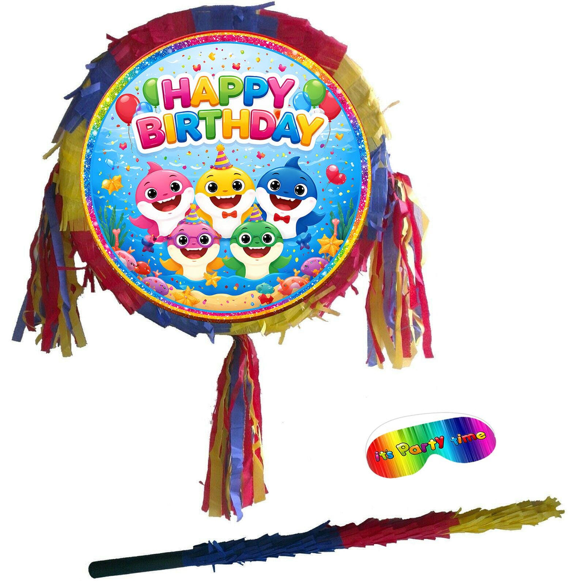 Shark Birthday Pinata with Stick & Blindfold