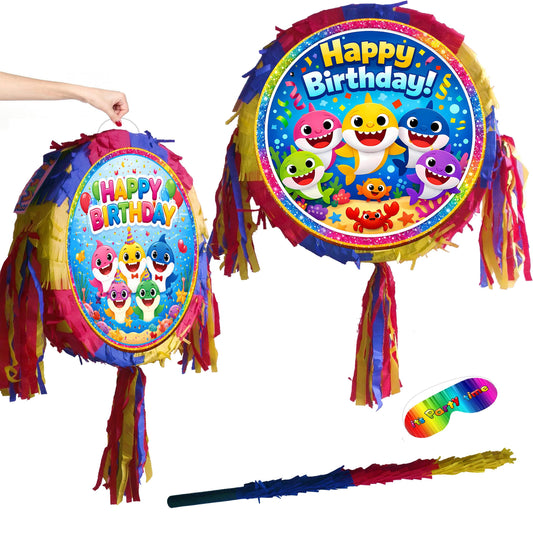 Shark Birthday Pinata with Stick & Blindfold